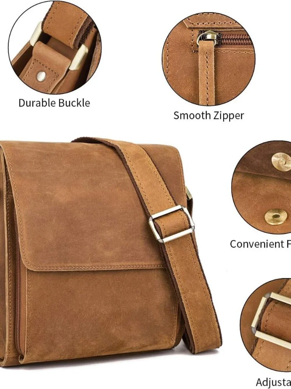Men's Brown Yellow Genuine Leather Crossbody Travel Metal Zipper Messenger Bag
